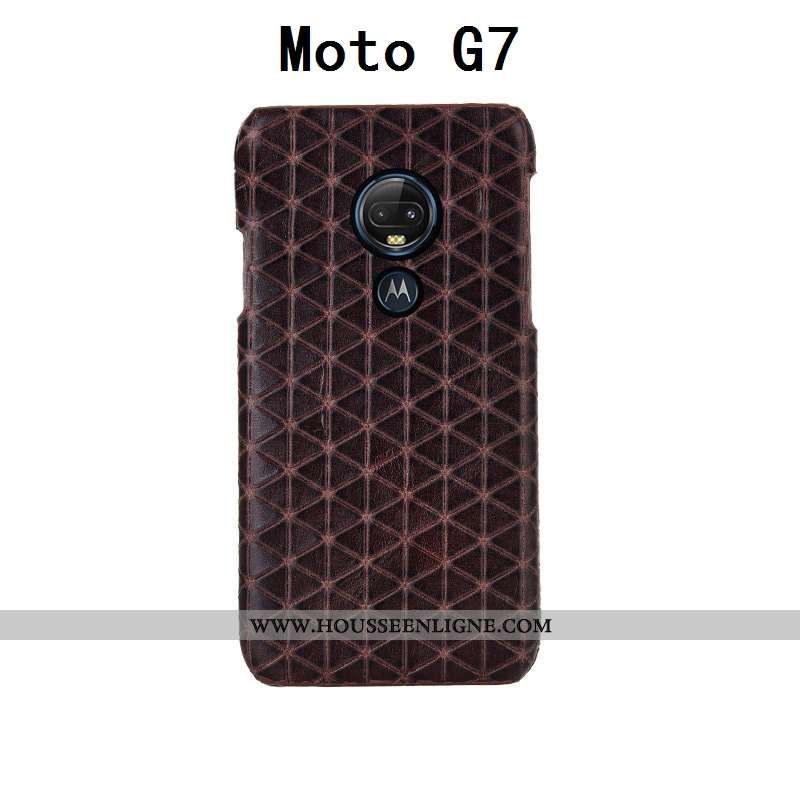 Coque Moto G7 Créatif Cuir Véritable Cuir Bovins Personnalisé Plaid Incassable Noir