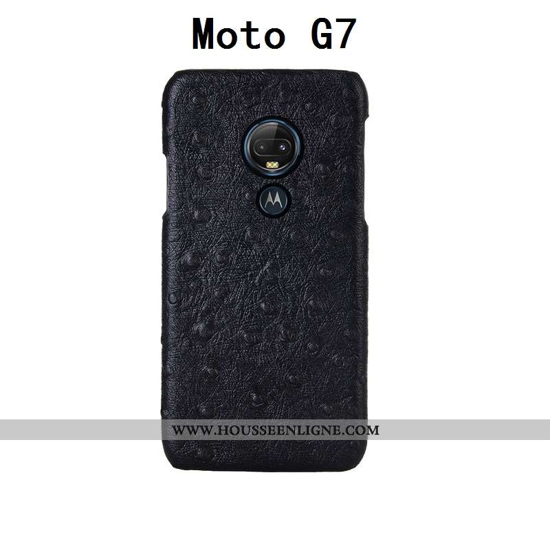 Coque Moto G7 Cuir Véritable Cuir Étui Téléphone Portable Oiseau Protection Noir