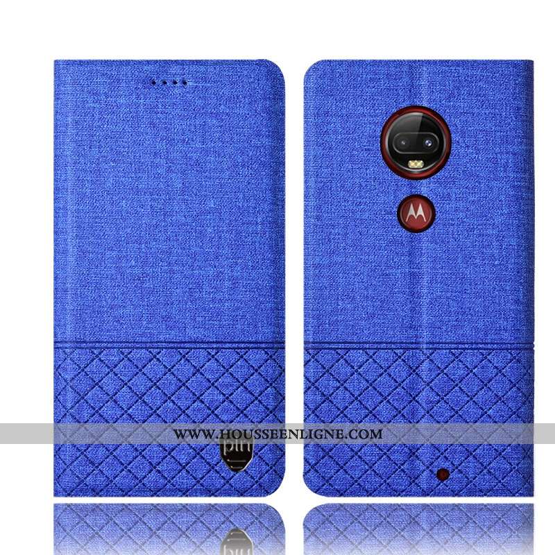 Coque Moto G7 Plus Protection Cuir Housse Tout Compris Incassable Lin Étui Bleu
