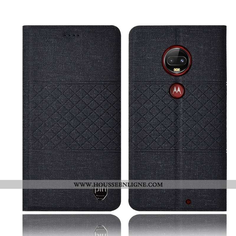 Coque Moto G7 Plus Protection Cuir Housse Tout Compris Incassable Lin Étui Bleu