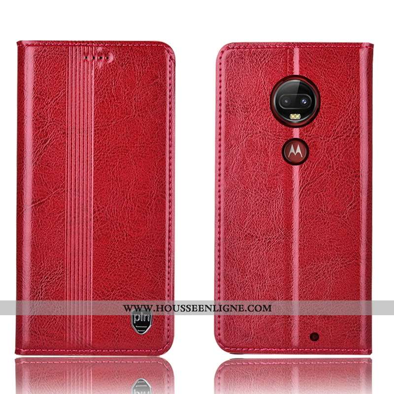Coque Moto G7 Plus Protection Cuir Véritable Housse Rouge Incassable Étui
