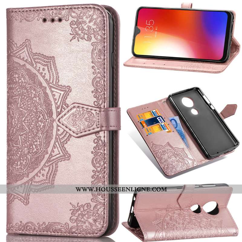Coque Moto G7 Power Cuir Protection En Relief Gaufrage Rose Housse Couleur Unie