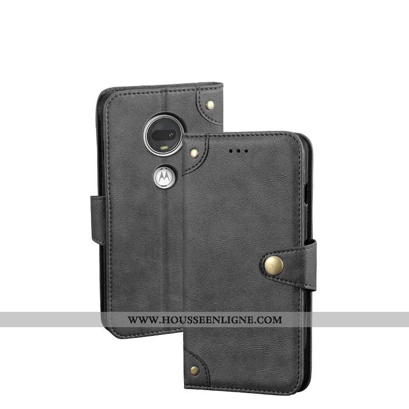 Coque Moto G7 Protection Vintage Étui Téléphone Portable Clamshell Cuir Noir