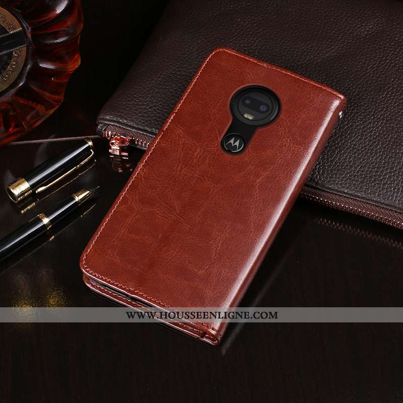 Coque Moto G7 Protection Vintage Étui Téléphone Portable Clamshell Cuir Noir