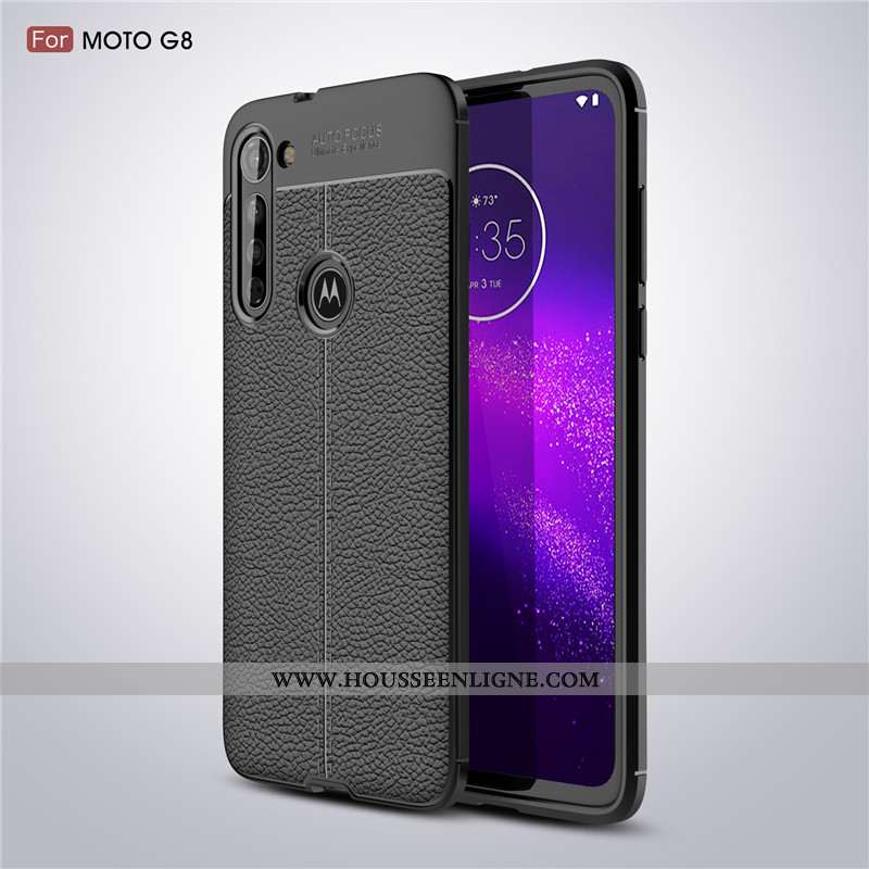 Coque Moto G8 Fluide Doux Protection Antidérapant Noir Cuir Litchi