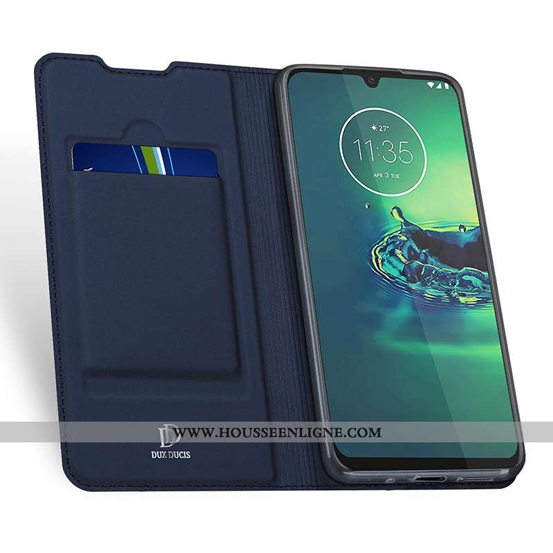 Coque Moto G8 Plus Cuir Protection Business Carte Incassable Clamshell Bleu Marin Bleu Foncé