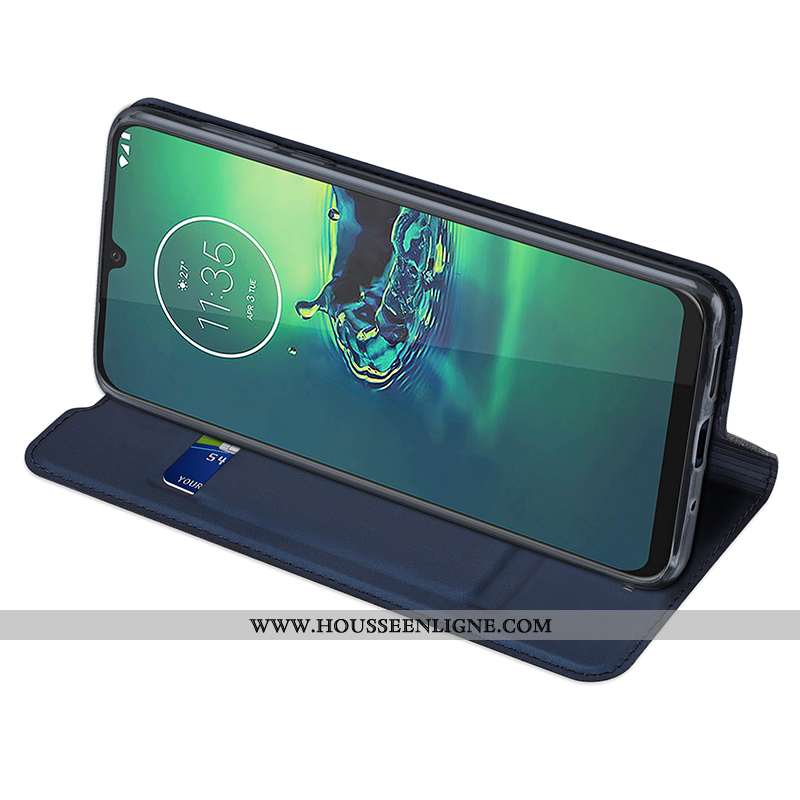 Coque Moto G8 Plus Cuir Protection Business Carte Incassable Clamshell Bleu Marin Bleu Foncé