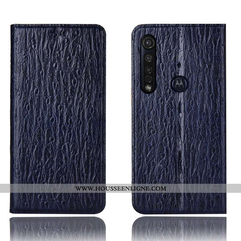 Coque Moto G8 Plus Cuir Véritable Protection Bleu Marin Téléphone Portable Incassable Housse Tout Co