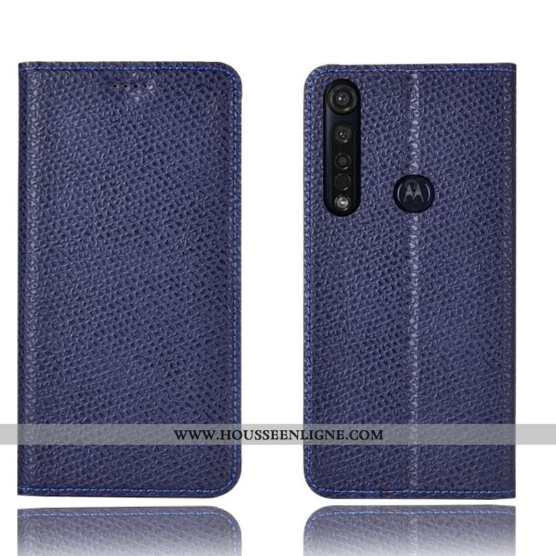 Coque Moto G8 Plus Protection Cuir Véritable Mesh Tout Compris Téléphone Portable Housse Bleu Marin 