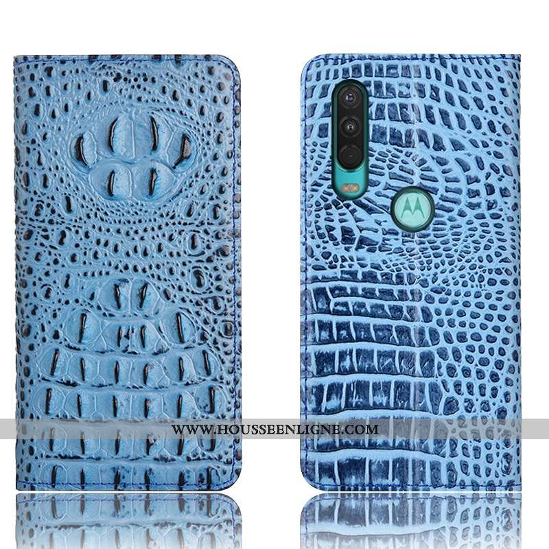 Coque Motorola One Action Cuir Véritable Protection Étui Téléphone Portable Bleu Crocodile