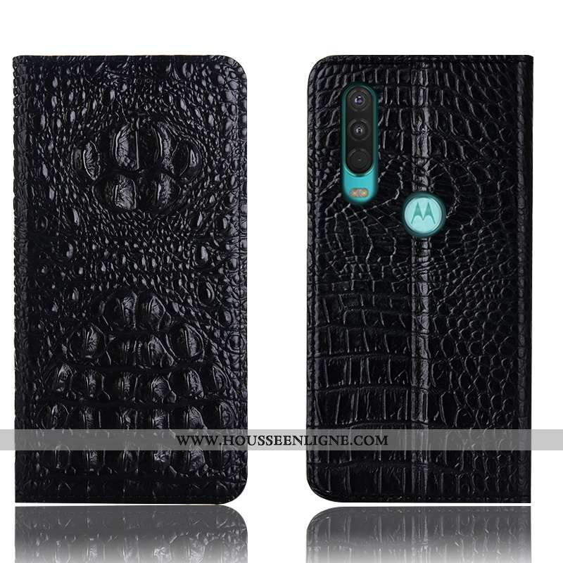 Coque Motorola One Action Cuir Véritable Protection Étui Téléphone Portable Bleu Crocodile