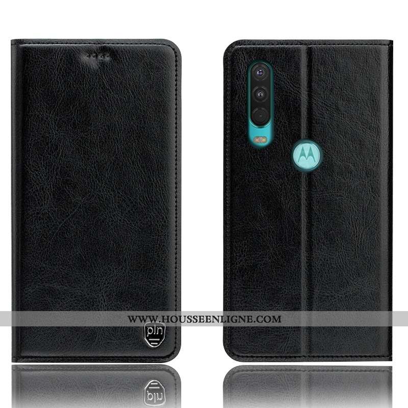 Coque Motorola One Action Modèle Fleurie Protection Cuir Véritable Noir Étui Incassable