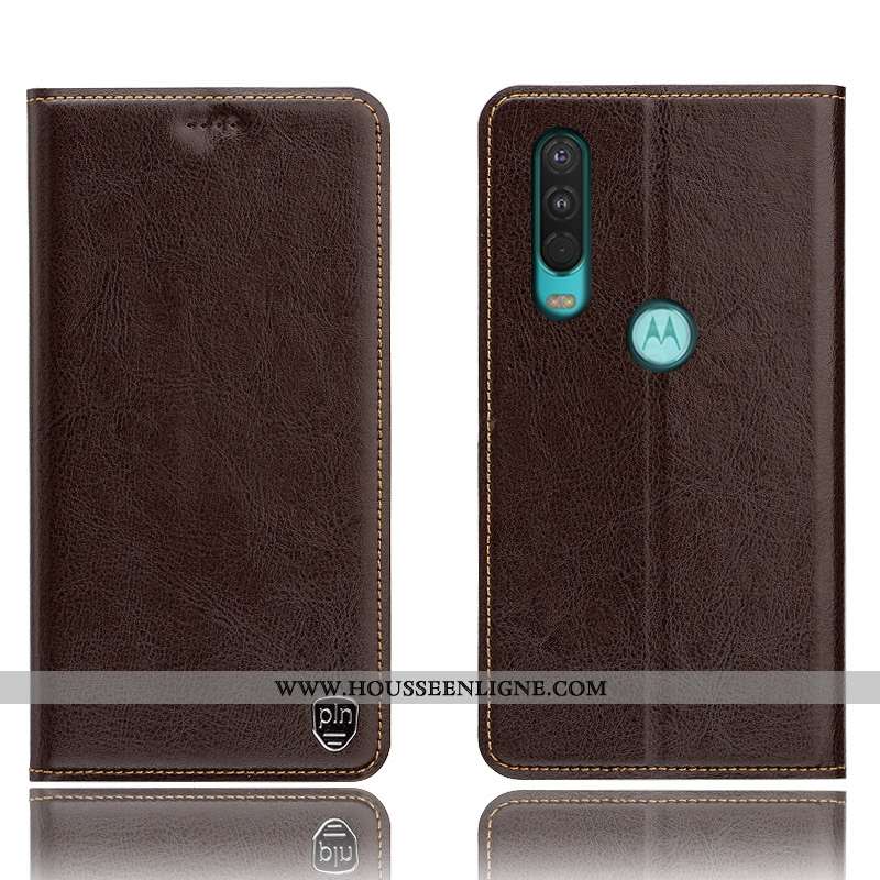 Coque Motorola One Action Modèle Fleurie Protection Cuir Véritable Noir Étui Incassable