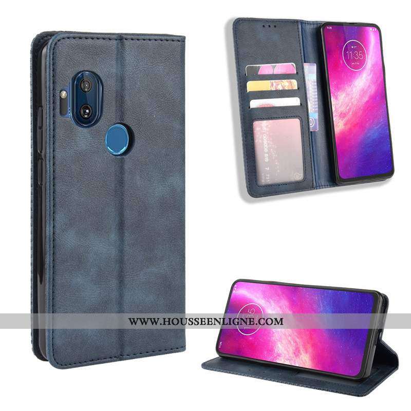 Coque Motorola One Hyper Cuir Bleu Marin Étui Housse Téléphone Portable Bleu Foncé