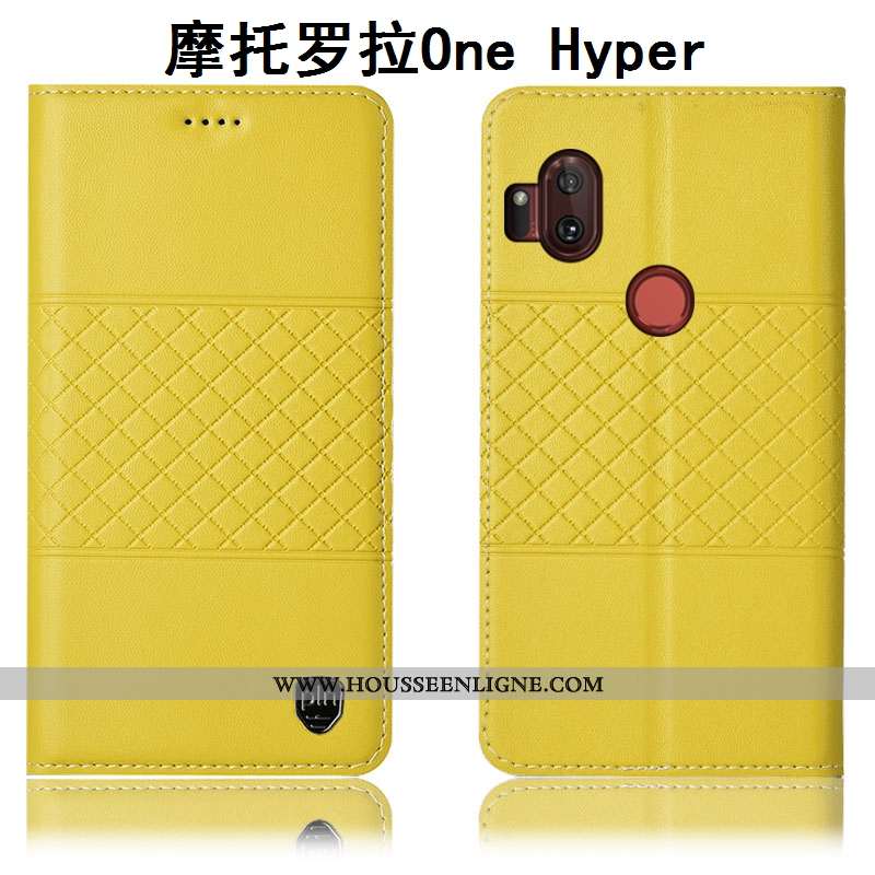 Coque Motorola One Hyper Cuir Véritable Protection Étui Téléphone Portable Housse Incassable Jaune