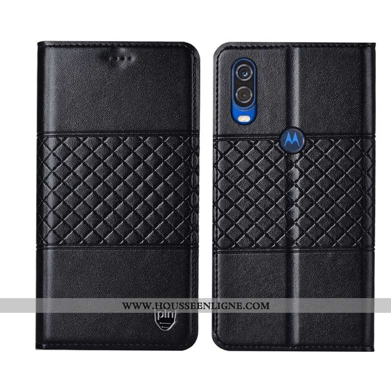 Coque Motorola One Vision Protection Cuir Véritable Mesh Téléphone Portable Étui Incassable Noir