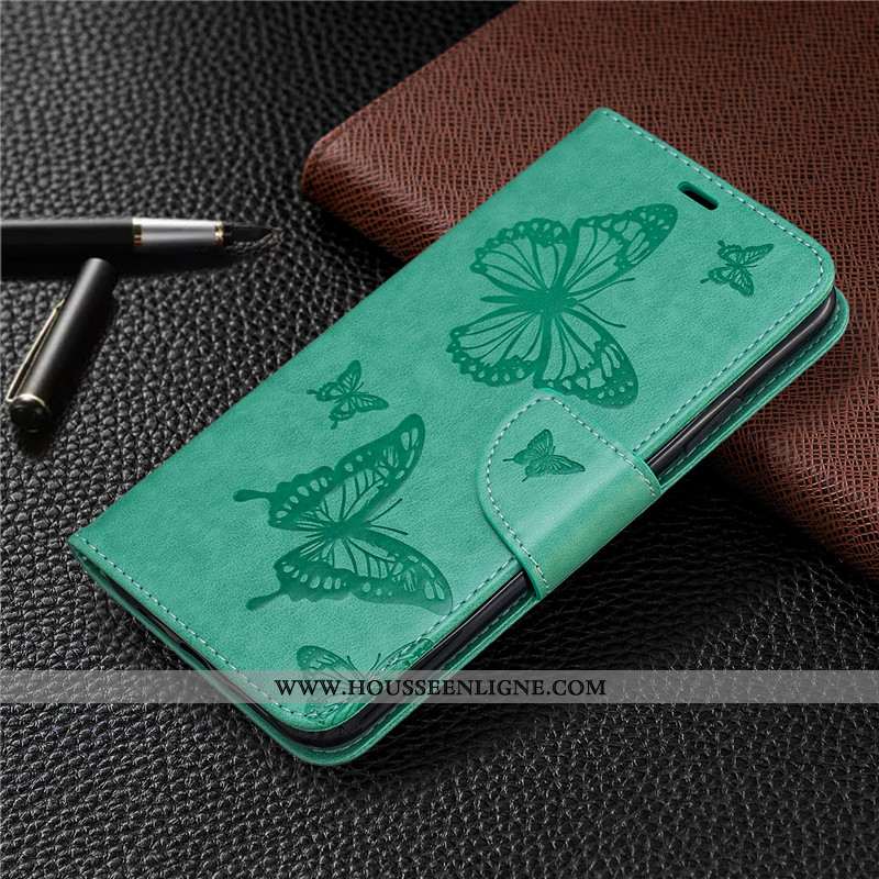 Coque Nokia 6.2 Gaufrage Cuir Papillon En Relief Couleur Unie Housse Ornements Suspendus Verte