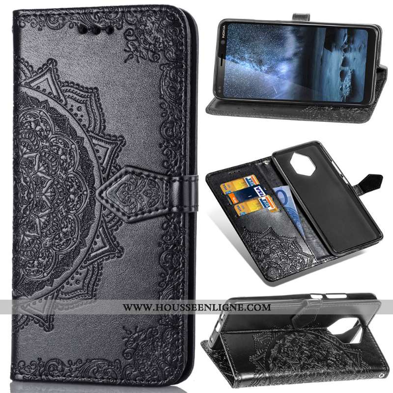Coque Nokia 9 Pureview Gaufrage Cuir Étui Couleur Unie Ornements Suspendus Housse Noir