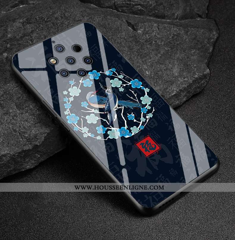 Coque Nokia 9 Pureview Verre Créatif Téléphone Portable Net Rouge Bleu Marin Étui Bleu Foncé