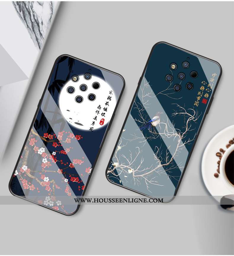 Coque Nokia 9 Pureview Verre Créatif Téléphone Portable Net Rouge Bleu Marin Étui Bleu Foncé
