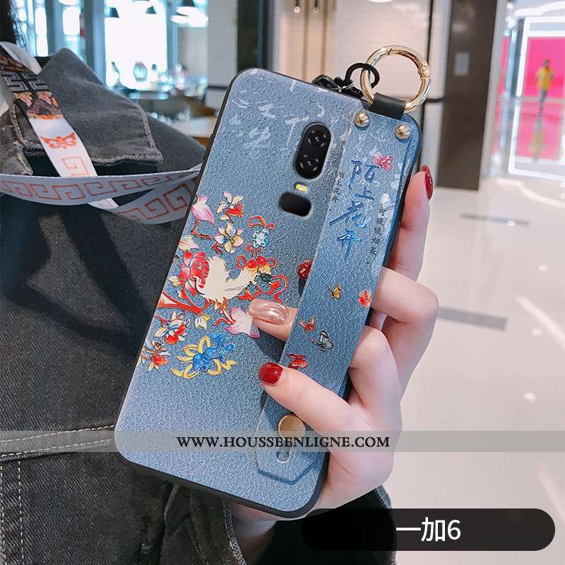 Coque Oneplus 6 Protection Ornements Suspendus Fleur Fluide Doux Bleu Net Rouge Téléphone Portable