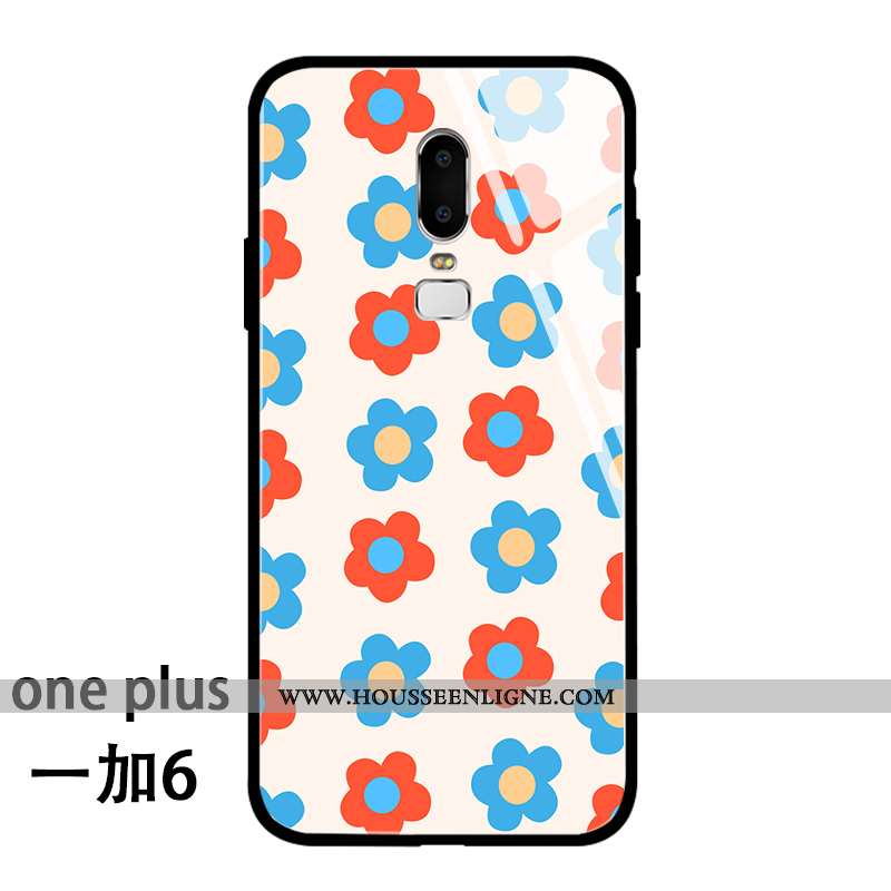 Coque Oneplus 6 Tendance Fluide Doux Étui Verre Personnalité Créatif Fleurs Bleu