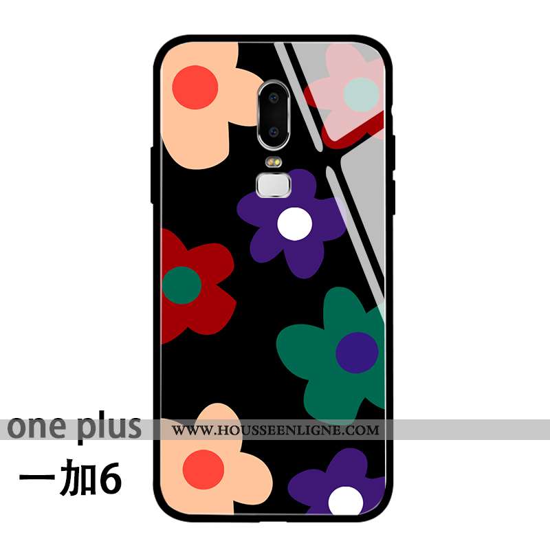 Coque Oneplus 6 Tendance Fluide Doux Étui Verre Personnalité Créatif Fleurs Bleu