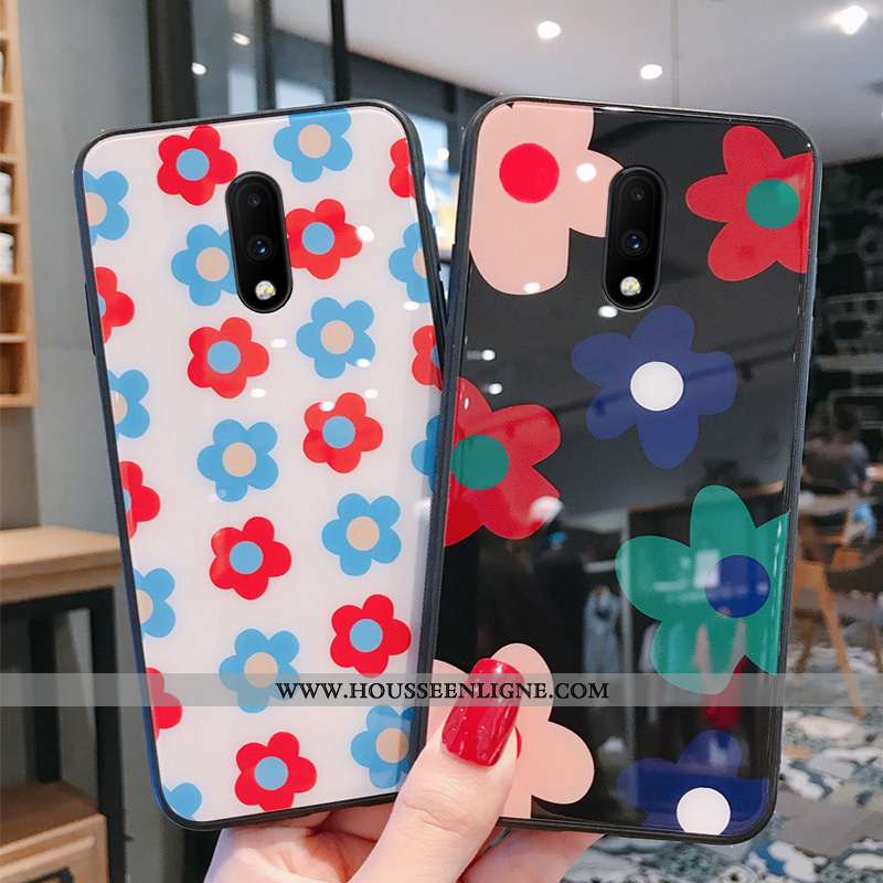 Coque Oneplus 6 Tendance Fluide Doux Étui Verre Personnalité Créatif Fleurs Bleu