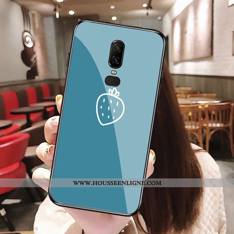 Coque Oneplus 6 Verre Délavé En Daim Étui Bleu Téléphone Portable Petit