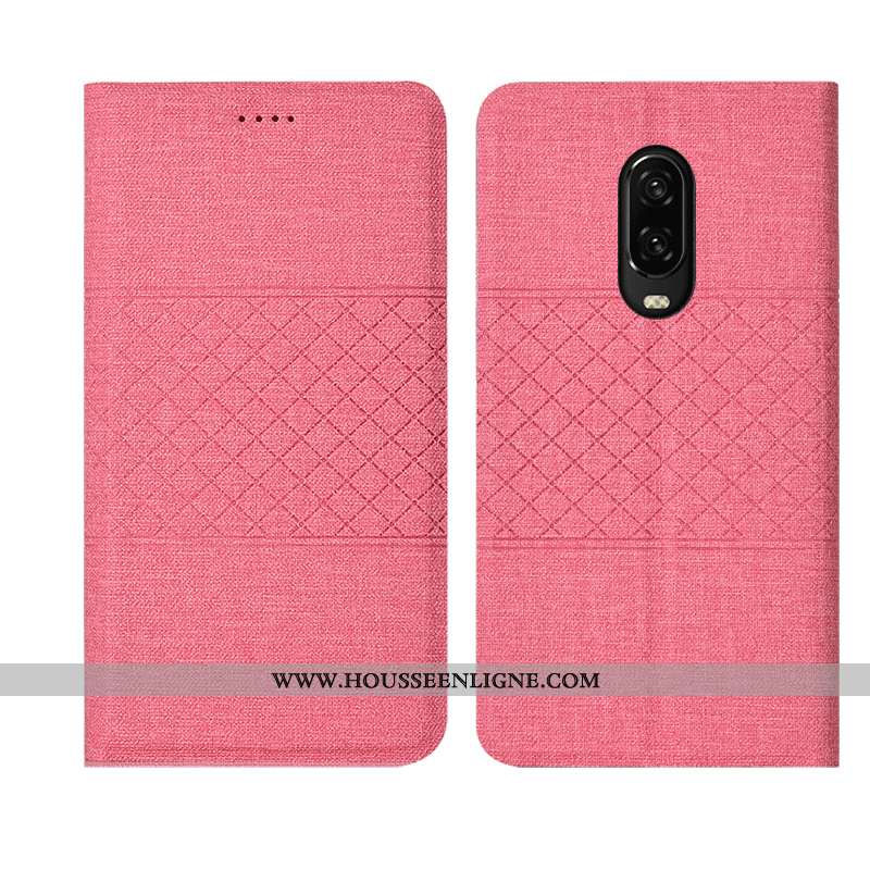 Coque Oneplus 6t Protection Cuir Lin Étui Plaid Tout Compris Rose