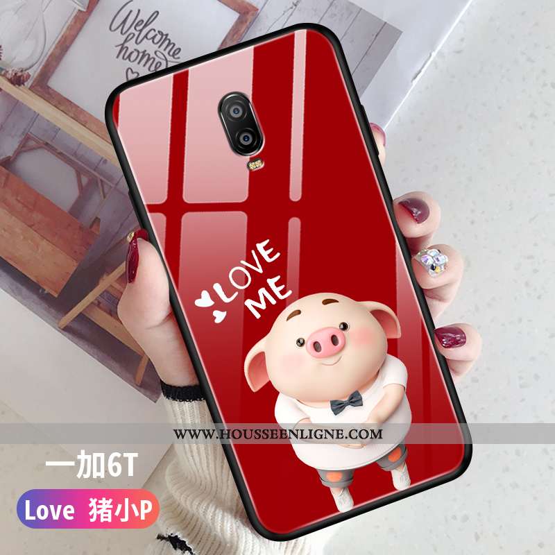 Coque Oneplus 6t Protection Verre Net Rouge Fluide Doux Créatif Tendance Téléphone Portable