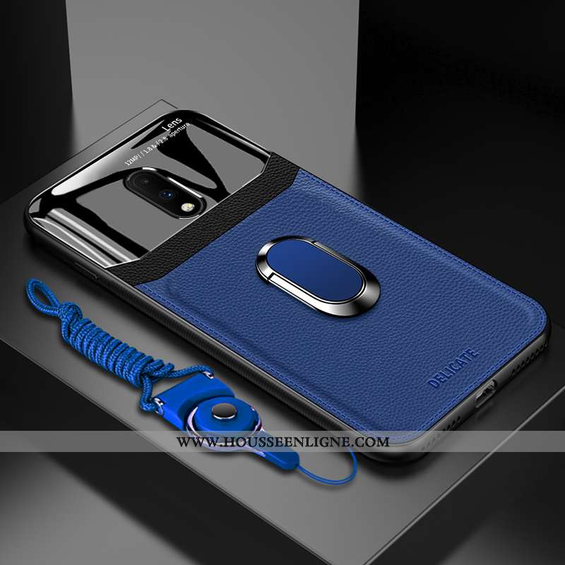 Coque Oneplus 7 Fluide Doux Silicone Net Rouge Cuir Personnalité Verre Magnétisme Bleu Foncé