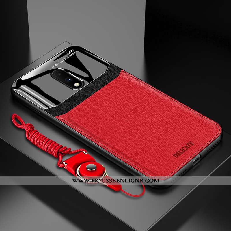 Coque Oneplus 7 Fluide Doux Silicone Net Rouge Cuir Personnalité Verre Magnétisme Bleu Foncé