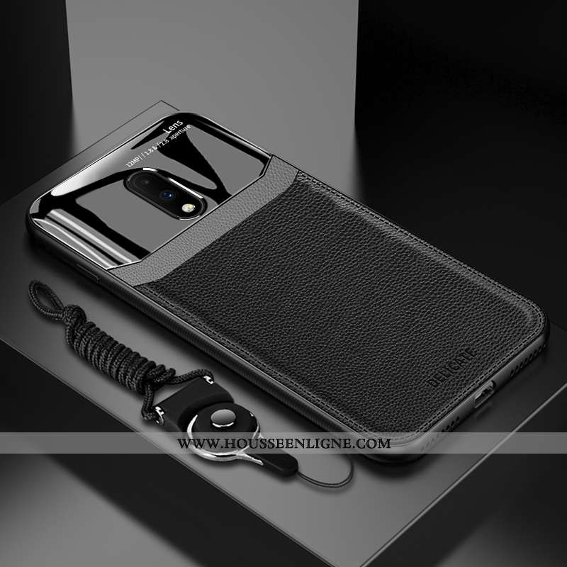 Coque Oneplus 7 Fluide Doux Silicone Net Rouge Cuir Personnalité Verre Magnétisme Bleu Foncé