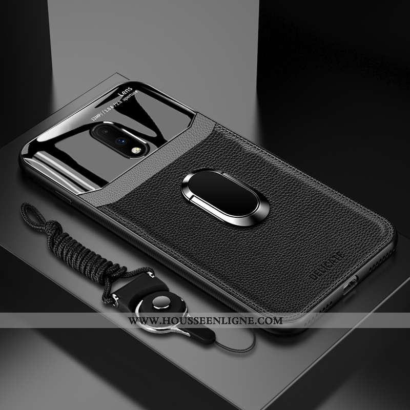 Coque Oneplus 7 Fluide Doux Silicone Net Rouge Cuir Personnalité Verre Magnétisme Bleu Foncé