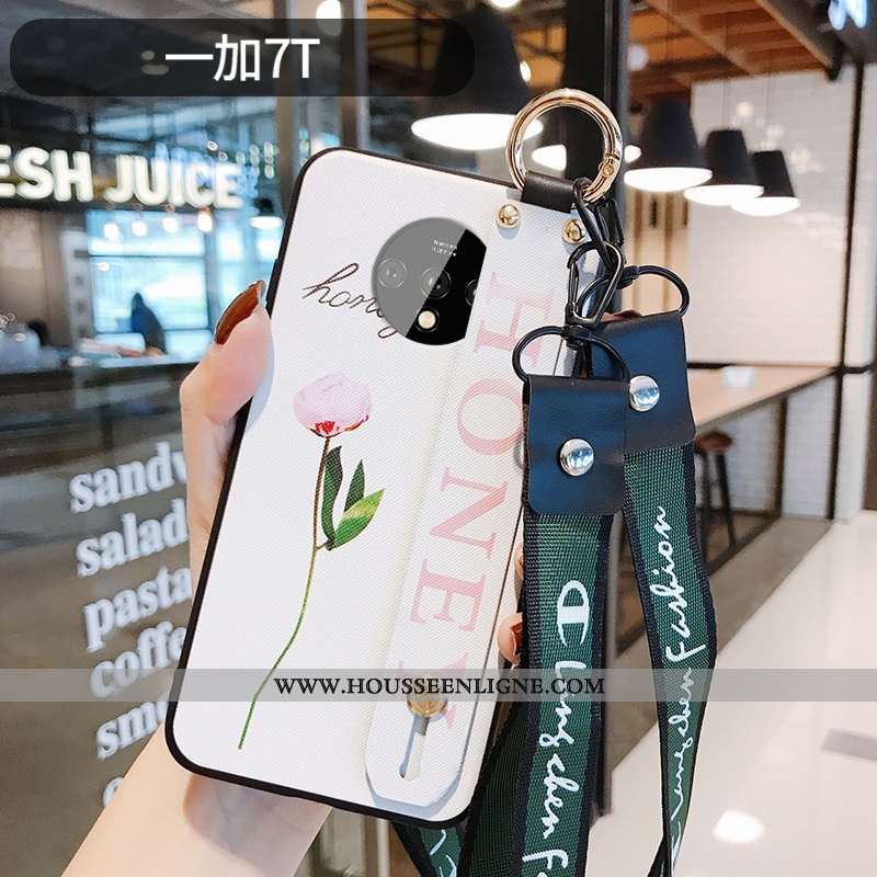 Coque Oneplus 7t Créatif Gaufrage Fleur Net Rouge Délavé En Daim Ultra Silicone Blanche