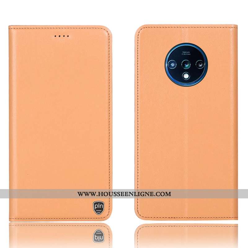 Coque Oneplus 7t Cuir Véritable Cuir Protection Orange Étui Housse