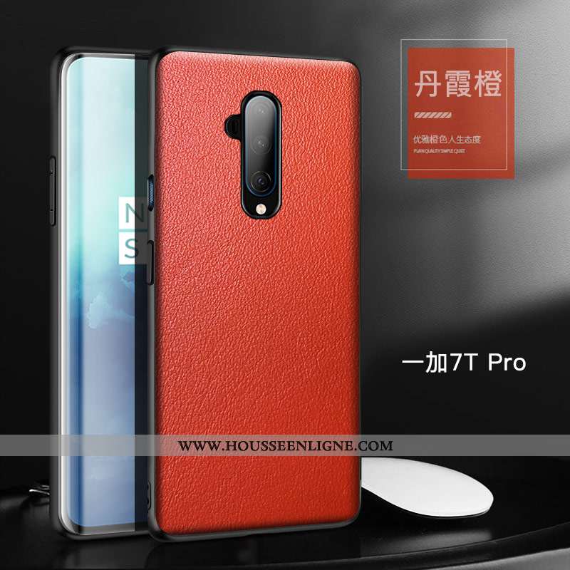 Coque Oneplus 7t Pro Tendance Cuir Cuir Haut Simple Orange Protection Bovins