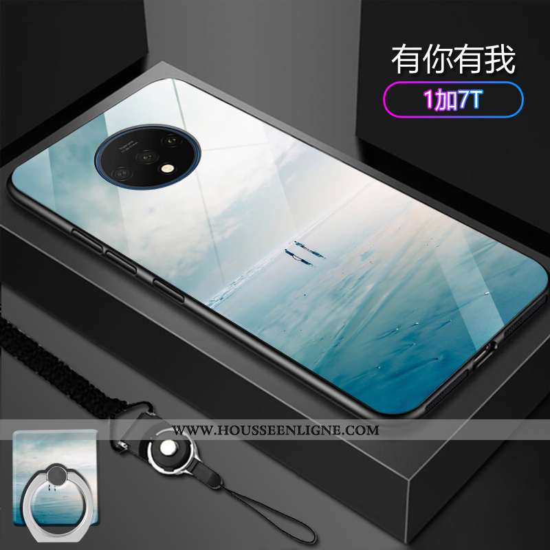 Coque Oneplus 7t Verre Délavé En Daim Tendance Protection Incassable Difficile Bleu