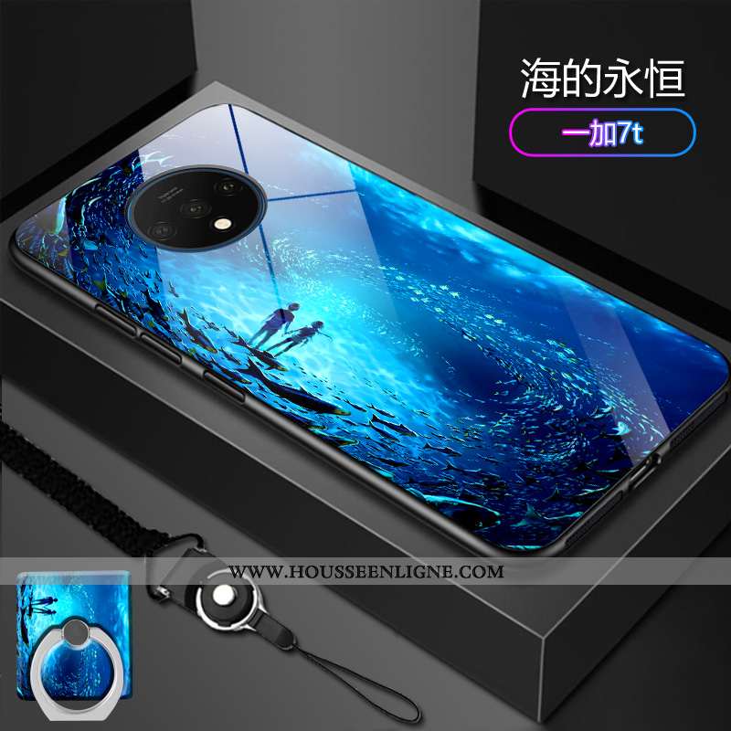 Coque Oneplus 7t Verre Délavé En Daim Tendance Protection Incassable Difficile Bleu