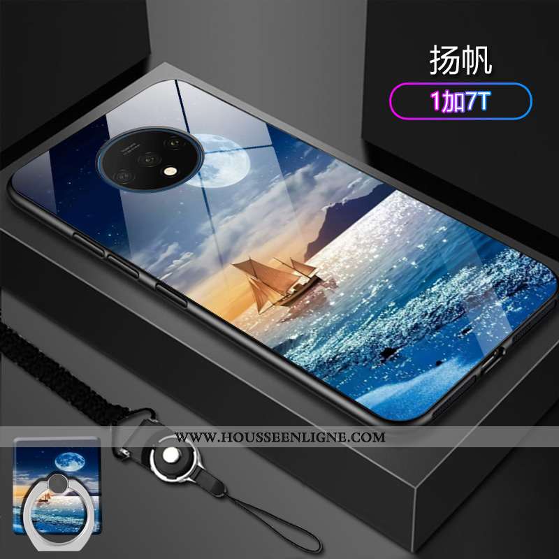 Coque Oneplus 7t Verre Délavé En Daim Tendance Protection Incassable Difficile Bleu