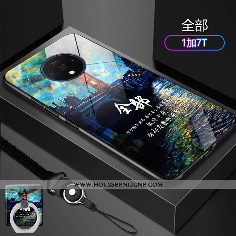 Coque Oneplus 7t Verre Délavé En Daim Tendance Protection Incassable Difficile Bleu