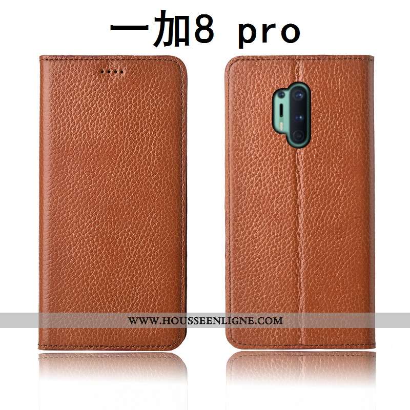 Coque Oneplus 8 Pro Protection Cuir Véritable Jaune Clamshell Cuir Litchi Fluide Doux