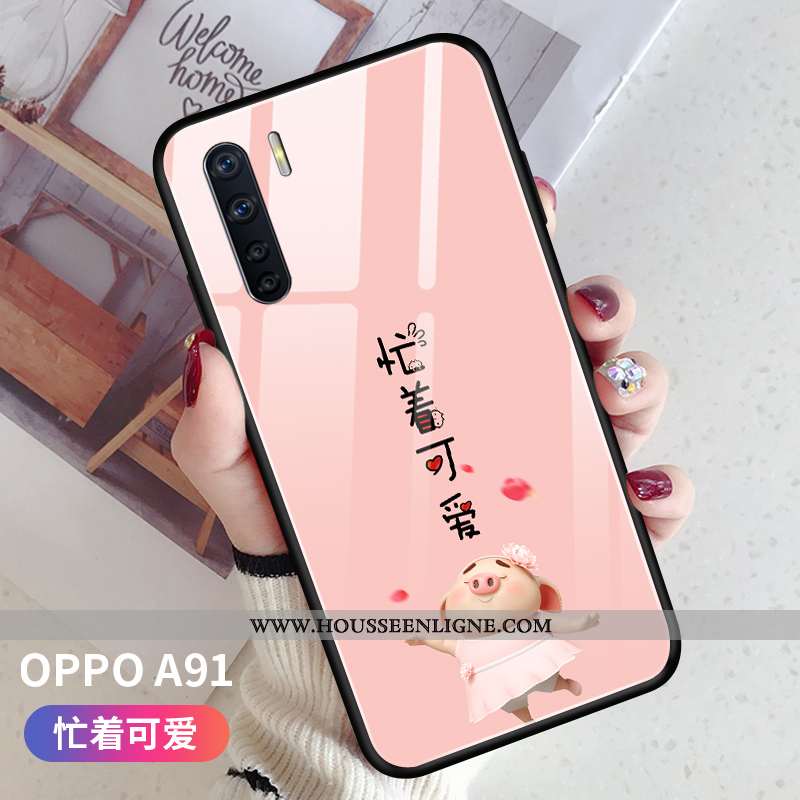 Coque Oppo A91 Créatif Dessin Animé Difficile Rose Verre Protection