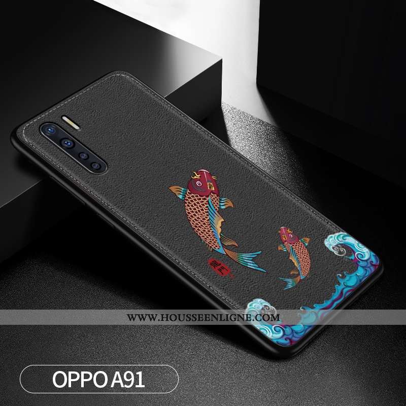 Coque Oppo A91 Silicone Protection Dragon Modèle Fleurie Cuir Étui Net Rouge Bleu Foncé