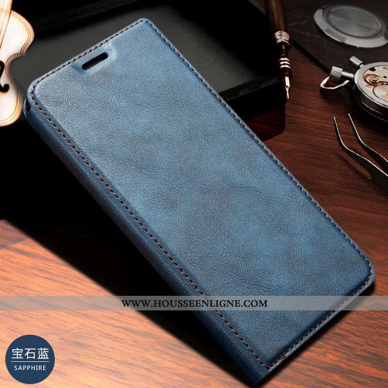 Coque Samsung Galaxy A20e Cuir Véritable Bleu Marin Étui Carte Housse Téléphone Portable Bleu Foncé