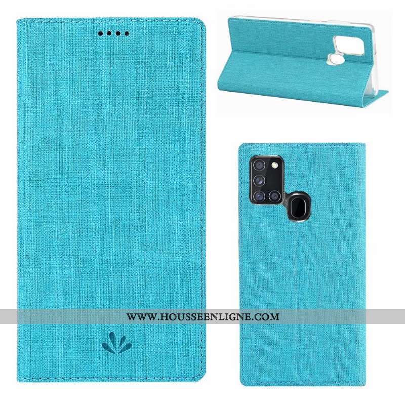 Coque Samsung Galaxy A21s Cuir Fluide Doux Étui Bleu Étoile Clamshell Incassable