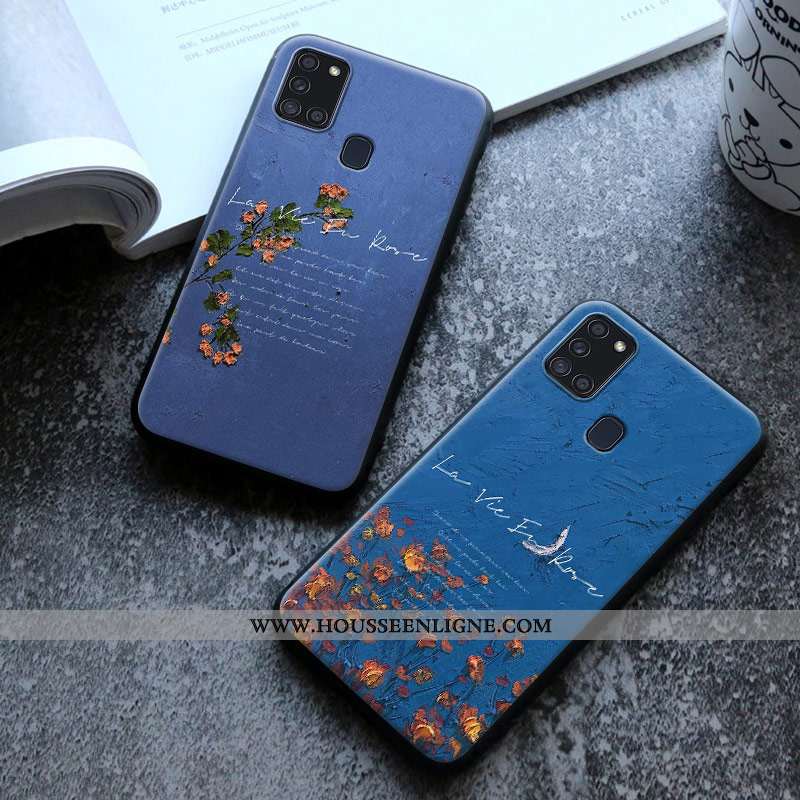 Coque Samsung Galaxy A21s Fluide Doux Silicone Délavé En Daim Fleurs Téléphone Portable Peinture À L
