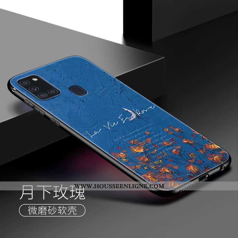 Coque Samsung Galaxy A21s Fluide Doux Silicone Délavé En Daim Fleurs Téléphone Portable Peinture À L