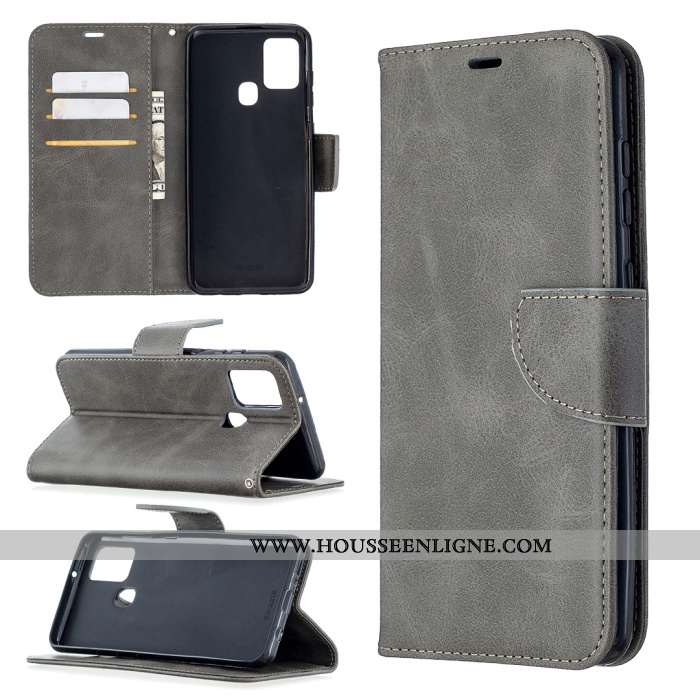 Coque Samsung Galaxy A21s Modèle Fleurie Protection Cuir Étoile Couleur Unie Étui Gris